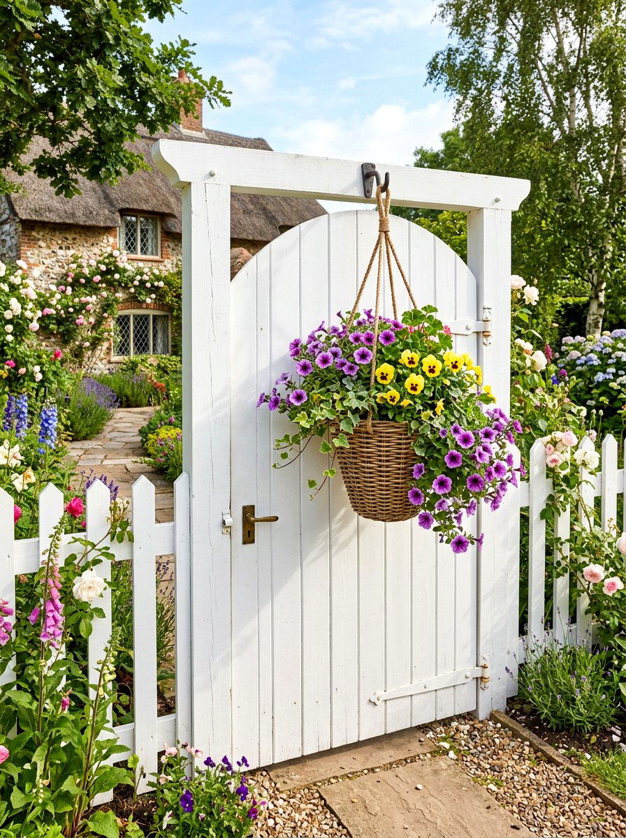 Hanging Flower Basket Gate - 25 Spring Wooden Gate Decor Ideas