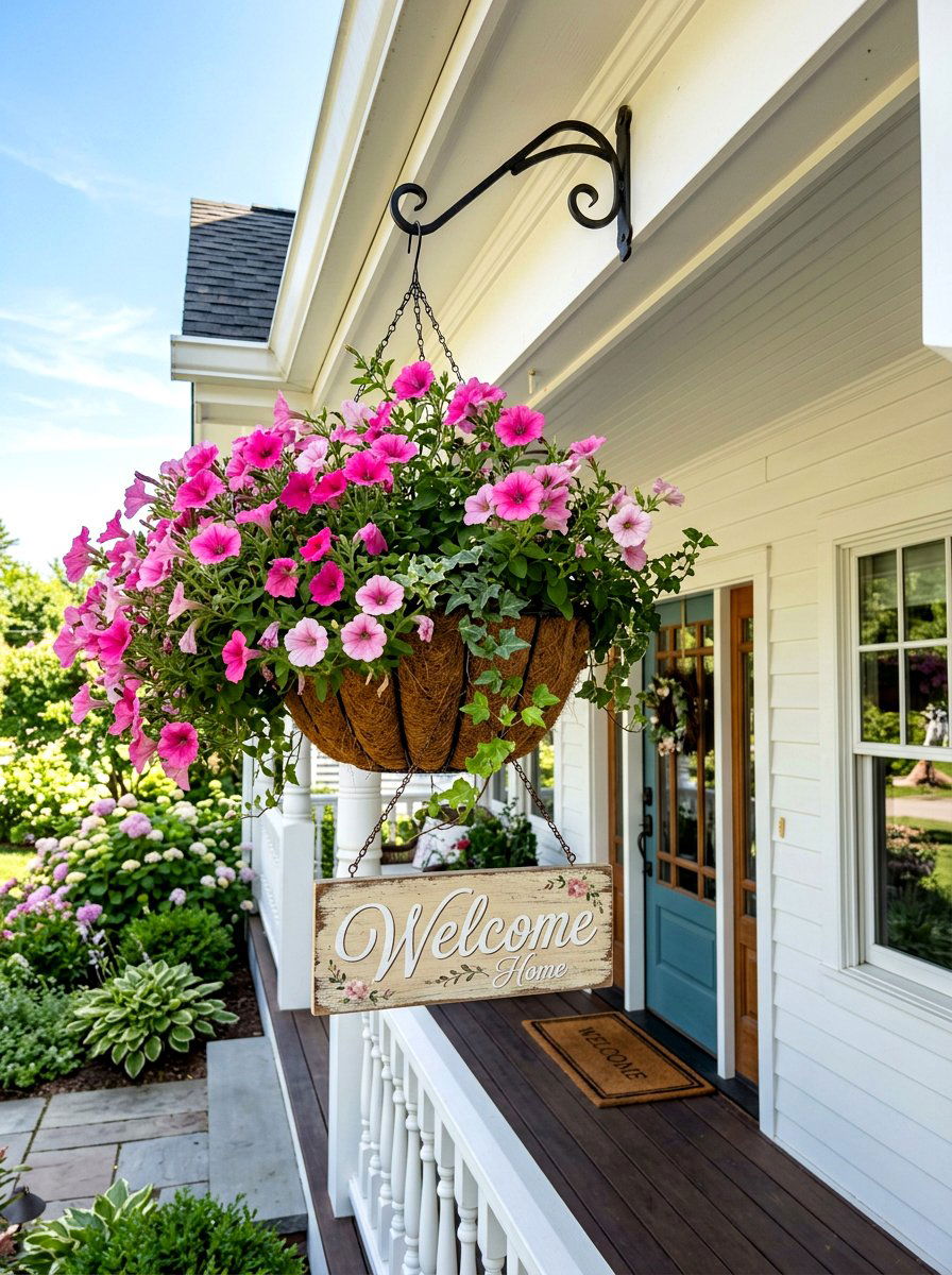 Hanging Flower Basket Sign - 25 Spring Welcome Sign Ideas