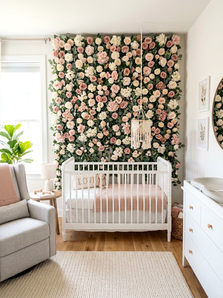 Hanging Flower Garland Backdrop - 25 Spring Nursery Wall Decor Ideas