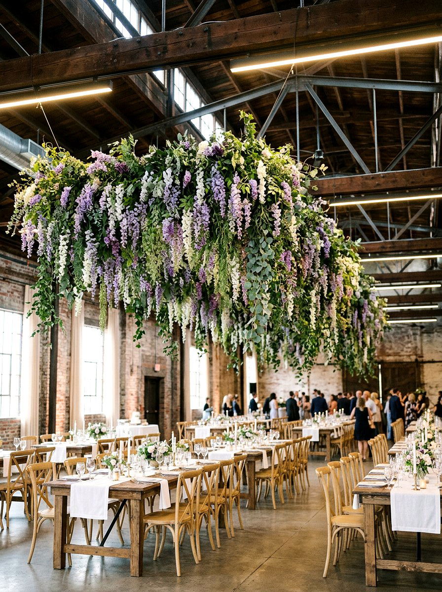 Hanging Flower Installation - 25 Spring Wedding Table Decor Ideas