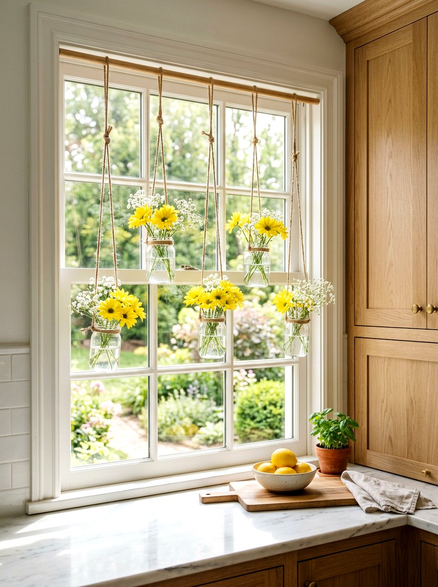 Hanging Flower Jars Window - 25 Spring Window Frame Decor Ideas