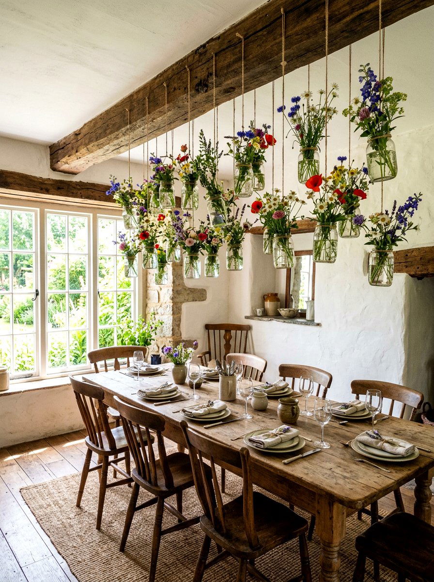 Hanging Flower Jars - 25 Spring Wildflower Centerpiece Ideas