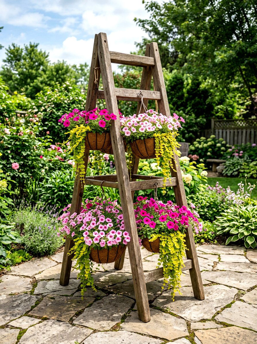 Hanging Flower Pot Ladder - 25 Spring Garden Ladder Display Ideas