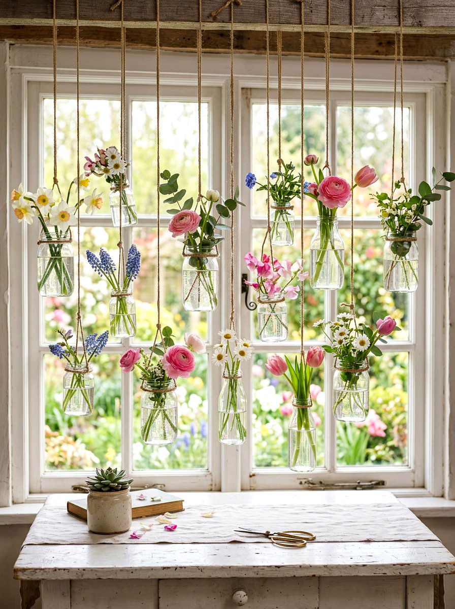 Hanging Glass Jar Flower - 25 Spring Backdrop Ideas