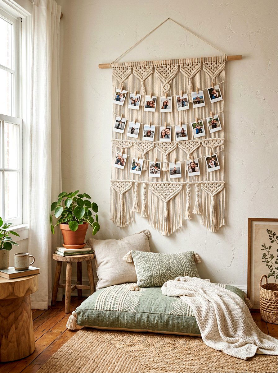 Hanging Macrame Photo Display - 25 Spring Photo Wall Ideas
