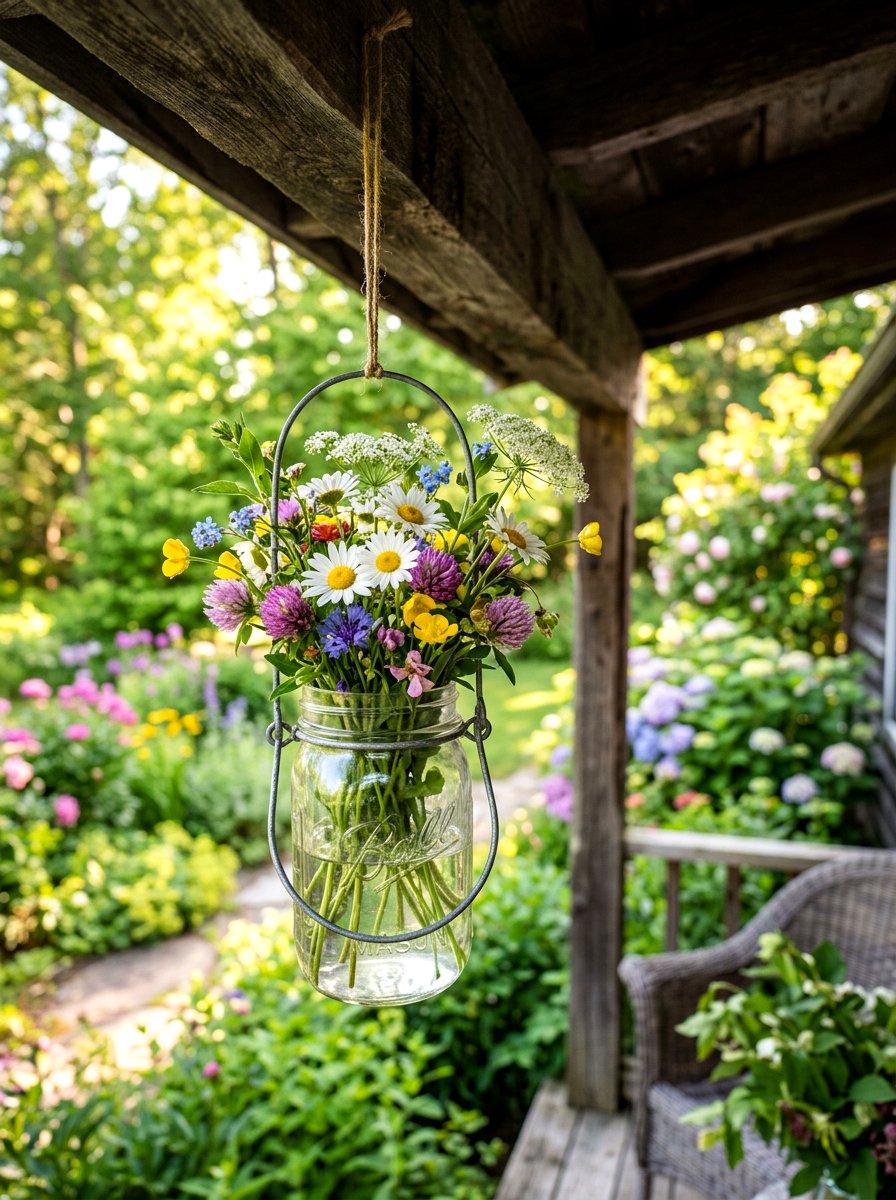 Hanging Mason Jar With Wildflowers - 25 Spring Mason Jar Flower Ideas
