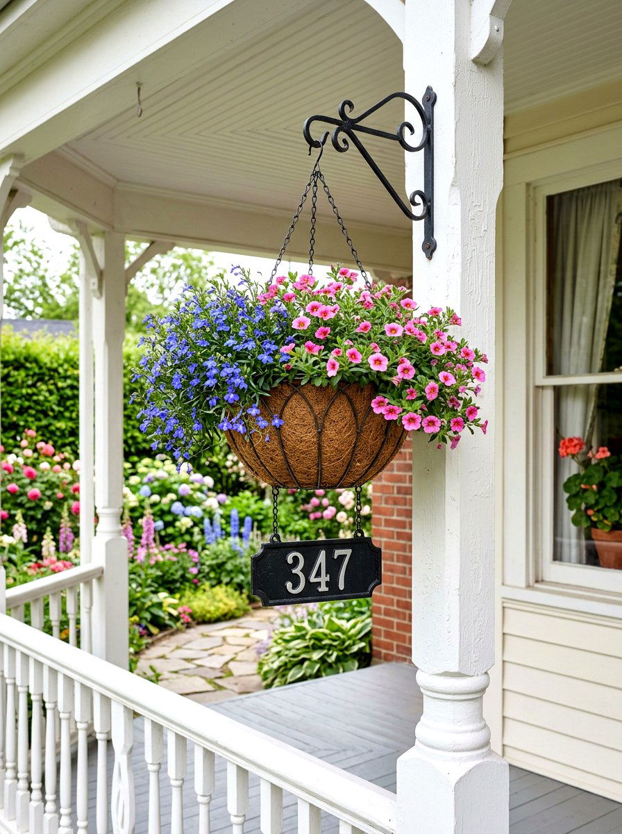 Hanging Metal Basket With House Numbers - 25 Spring Address Planter Ideas