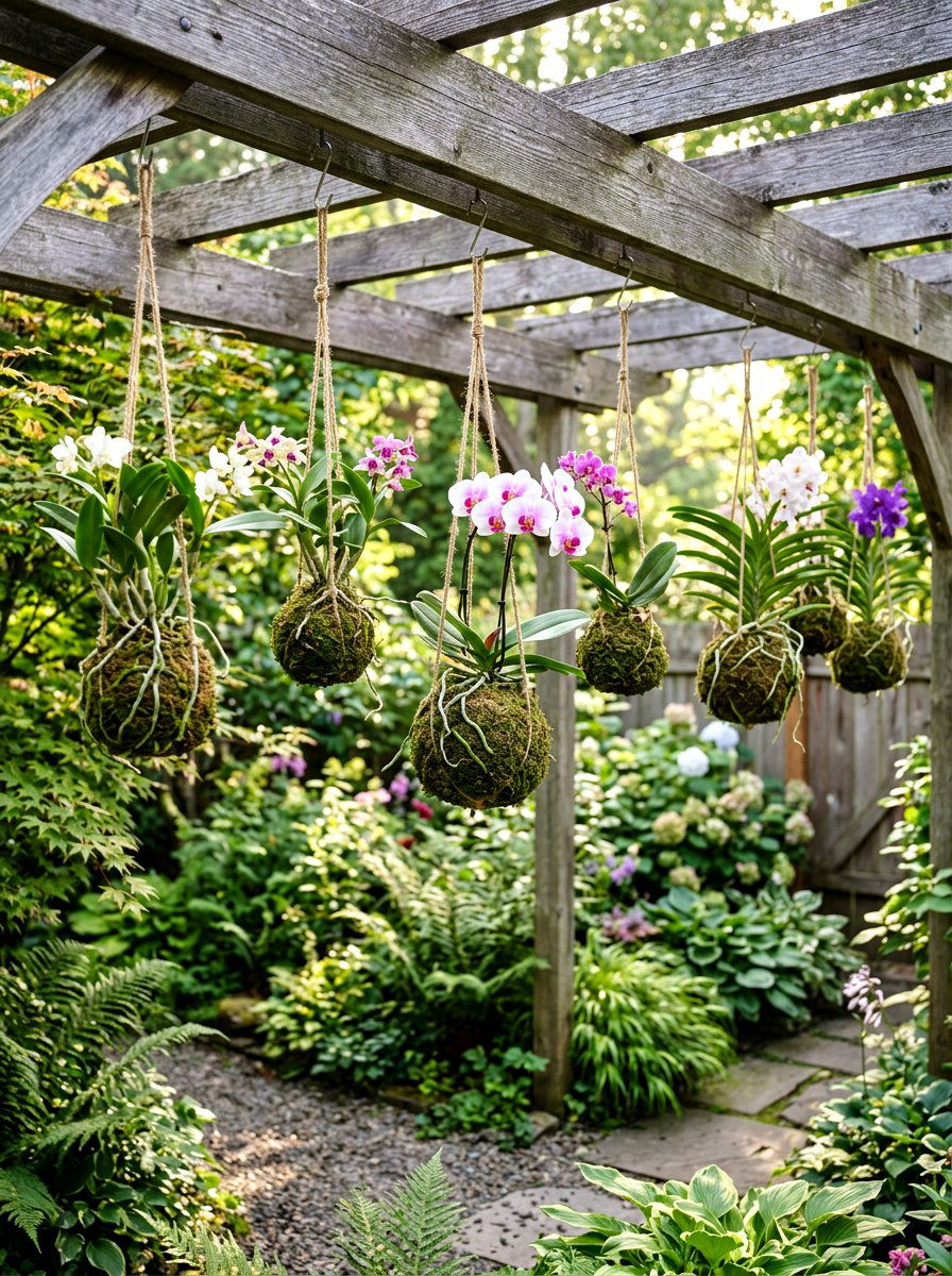 Hanging Orchid Kokedama - 25 Spring Orchid Display Ideas