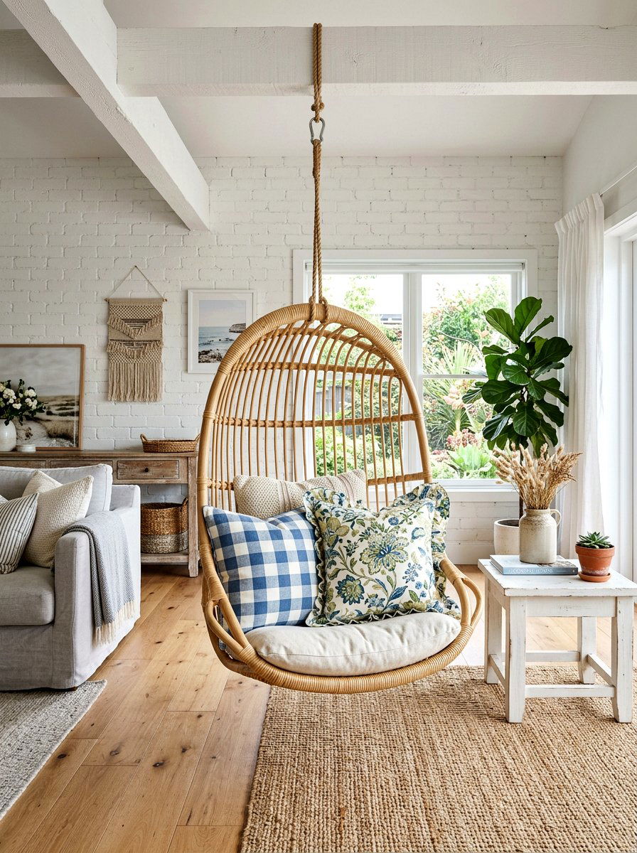 Hanging Rattan Chair With Spring Pillows - 25 Spring Playroom Decor Ideas