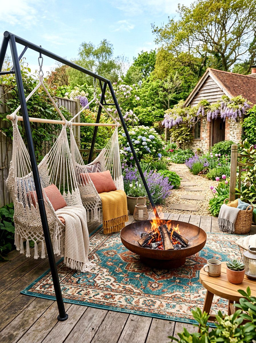 Hanging String Chairs Near Fire Pit - 25 Spring Fire Pit Area Decor Ideas