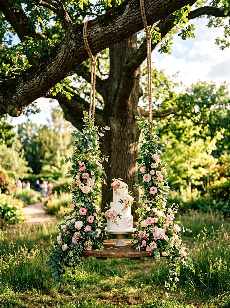 Hanging Wedding Cake Swing - 25 Spring Wedding Cake Table Ideas