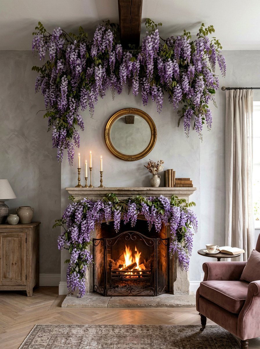 Hanging Wisteria Fireplace Accent - 25 Spring Mantel Floral Ideas