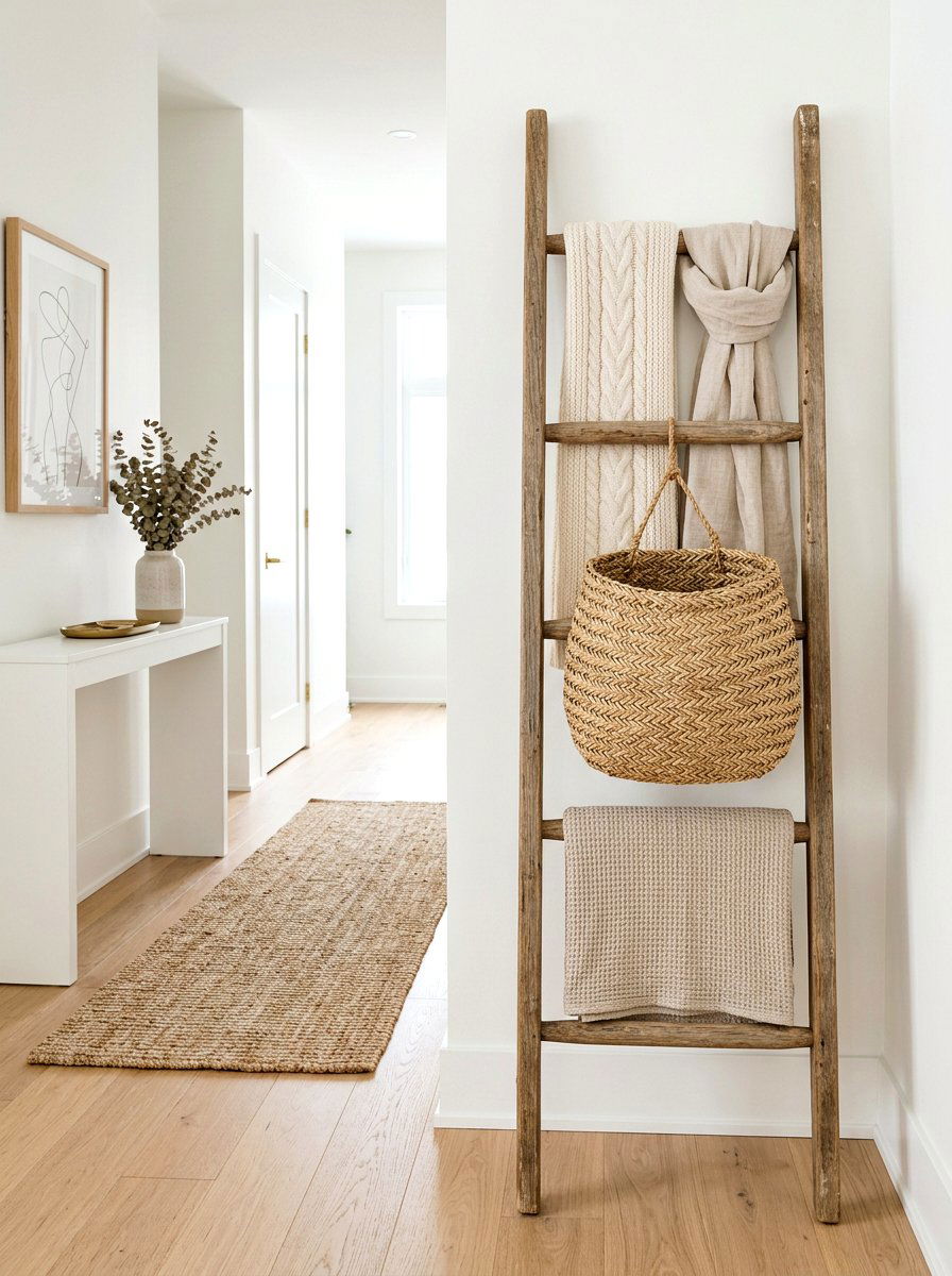 Hanging Woven Basket - 25 Spring Blanket Ladder Decor Ideas