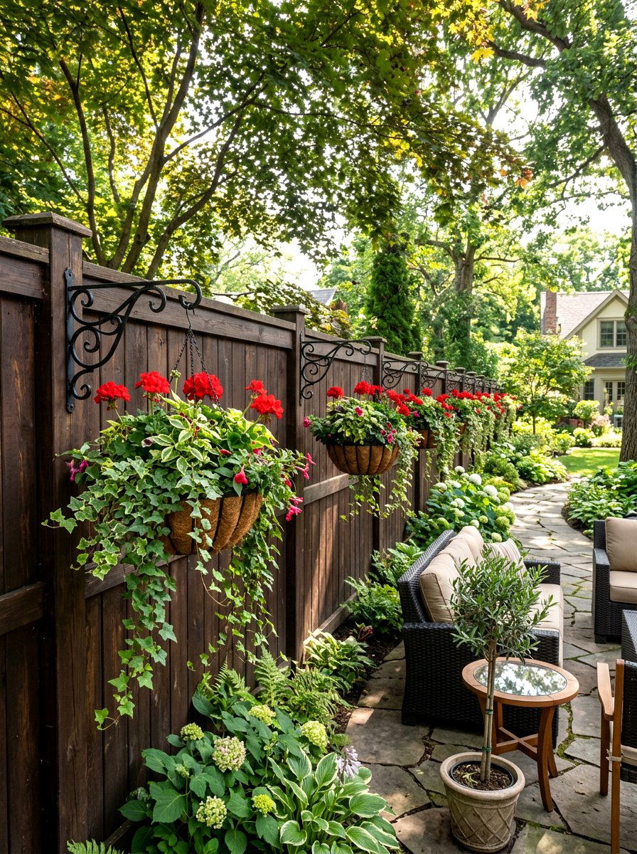 Hanging basket arrangement - 25 Spring Garden Fence Decor Ideas