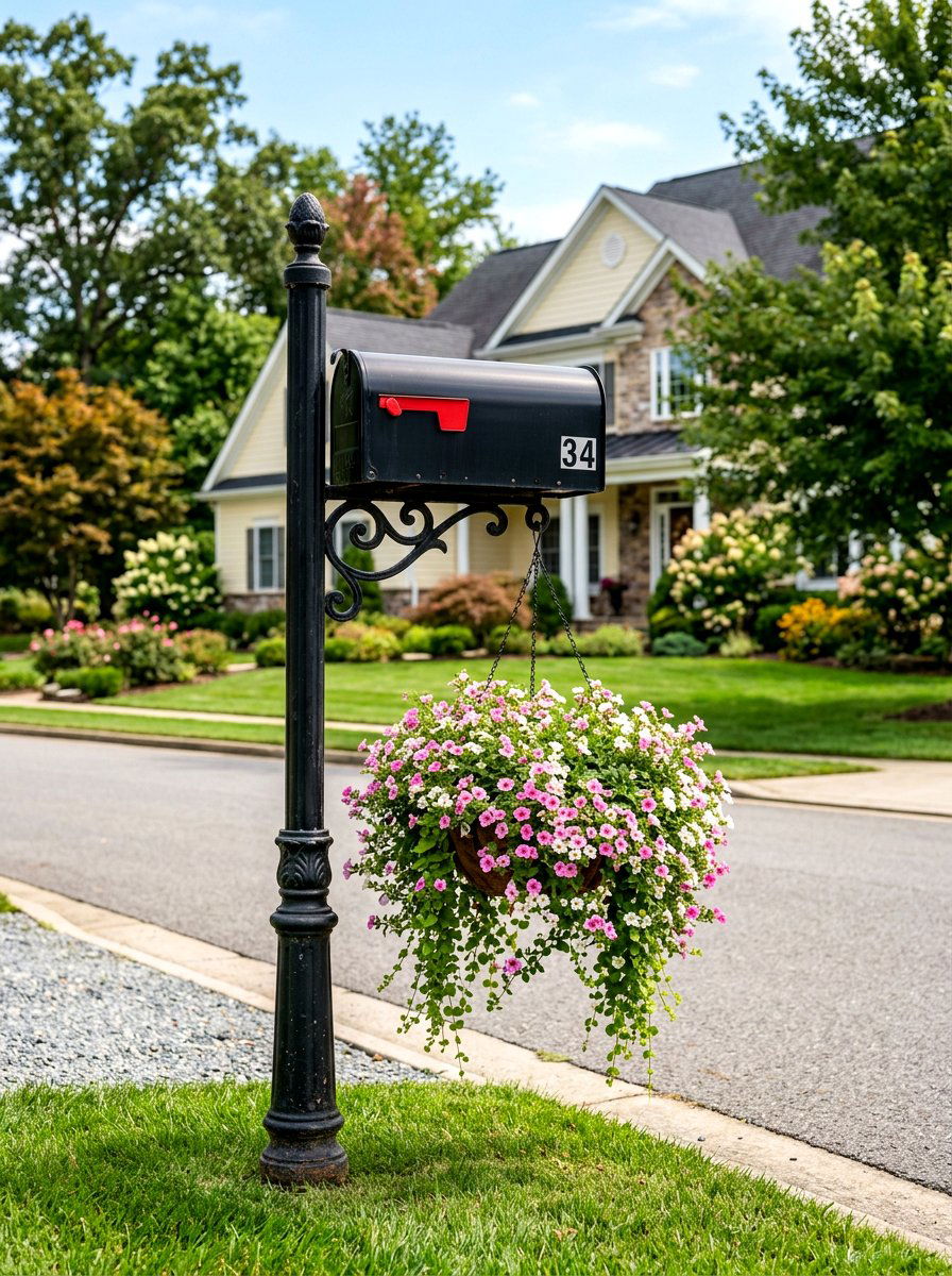 Hanging basket mailbox arm - 25 Spring Mailbox Planter Ideas