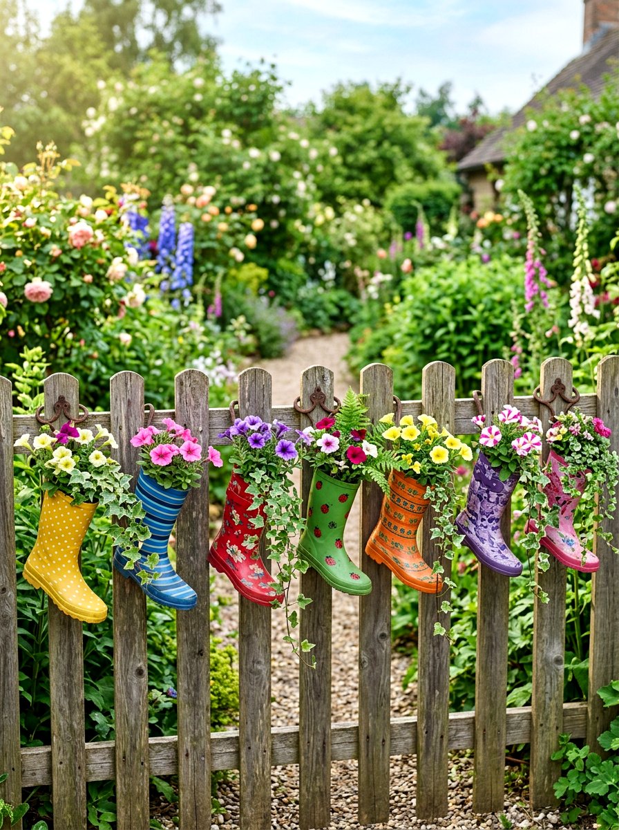 Hanging boots on garden fence - 25 Spring Rain Boot Decor Ideas