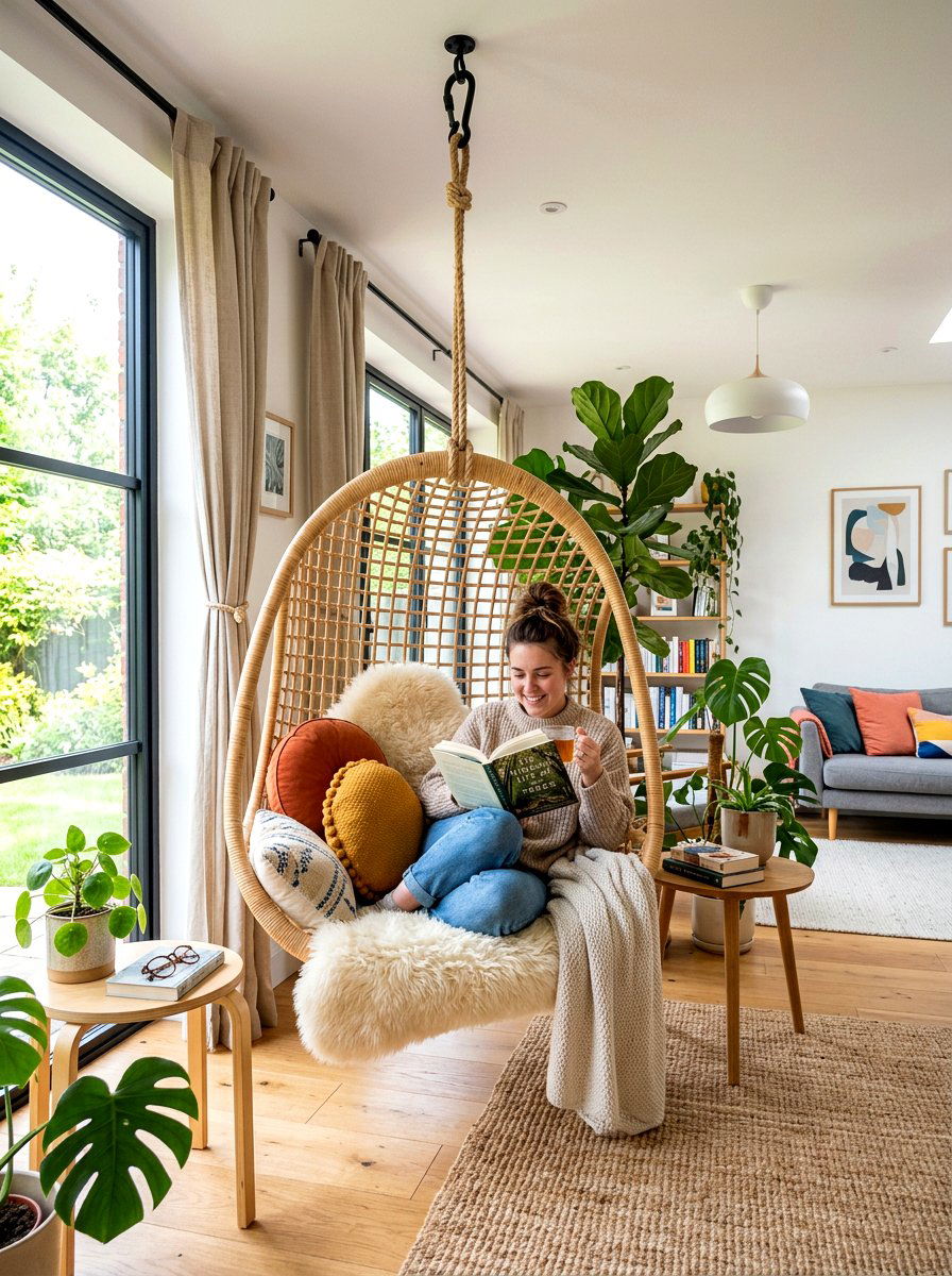 Hanging chair reading spot - 25 Spring Reading Nook Decor Ideas