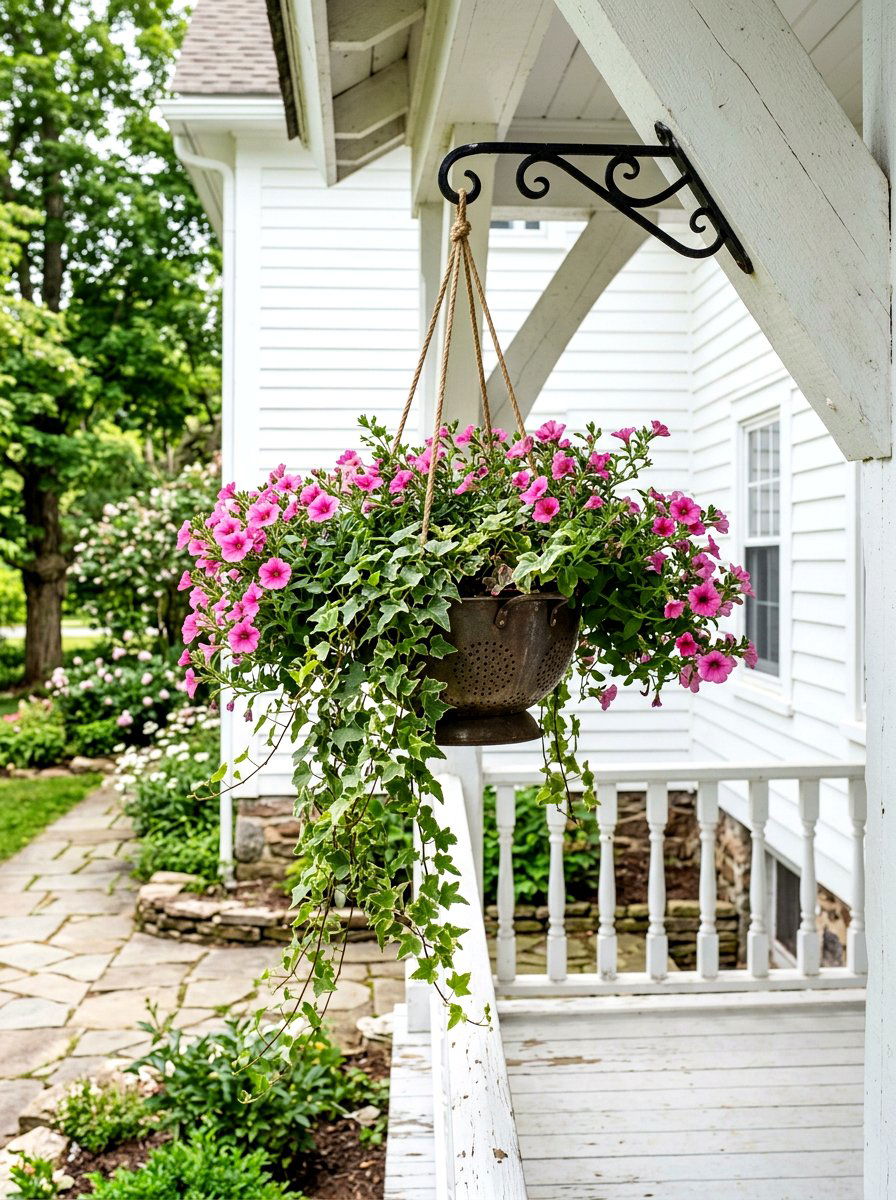 Hanging colander flower basket - 25 Spring Colander Planter Ideas