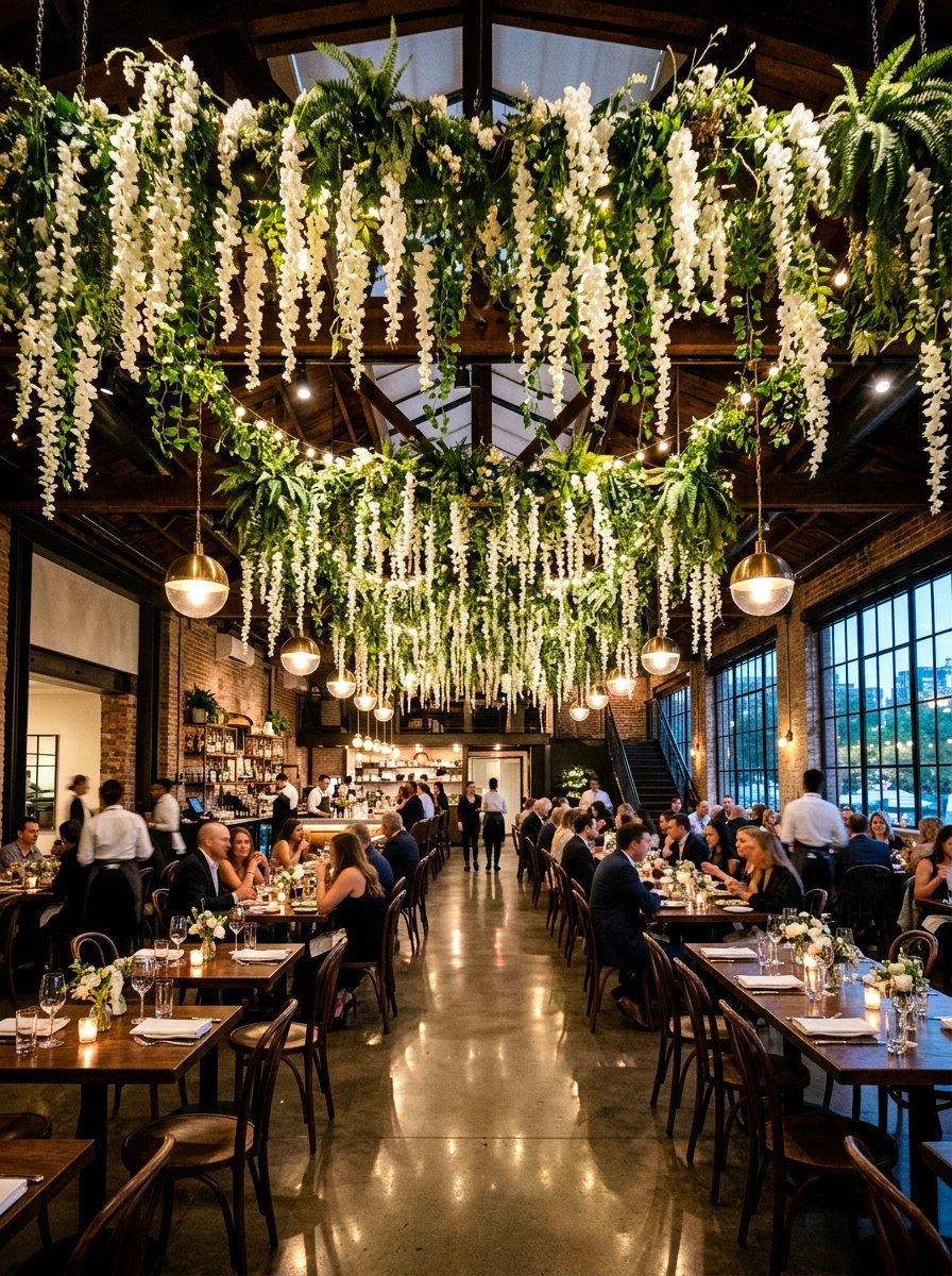 Hanging floral installation - 25 Spring Restaurant Decor Ideas
