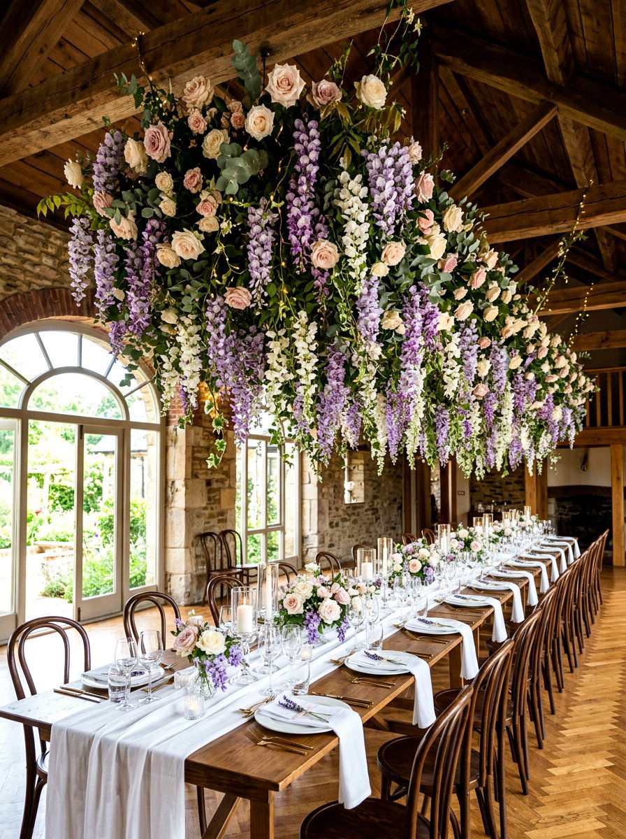 Hanging floral installations - 25 Spring Rehearsal Dinner Decor Ideas