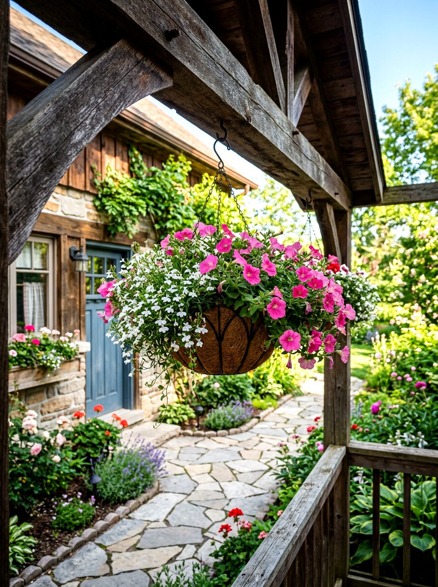 Hanging flower basket - 25 Spring Front Walkway Decor Ideas