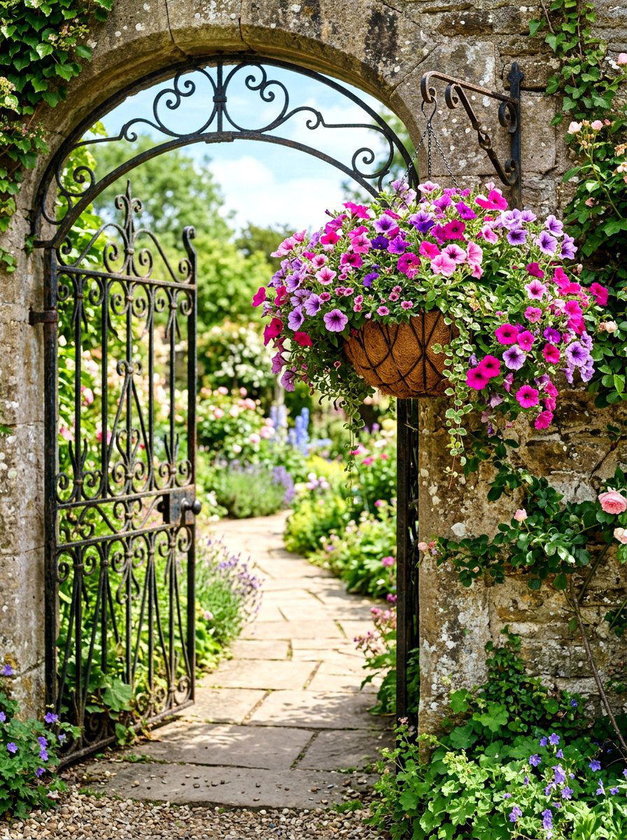 Hanging flower basket for gate - 25 Spring Garden Gate Decor Ideas