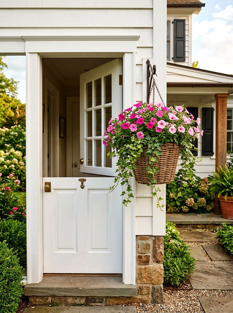 Hanging flower basket on front door - 25 Spring Dutch Door Decor Ideas