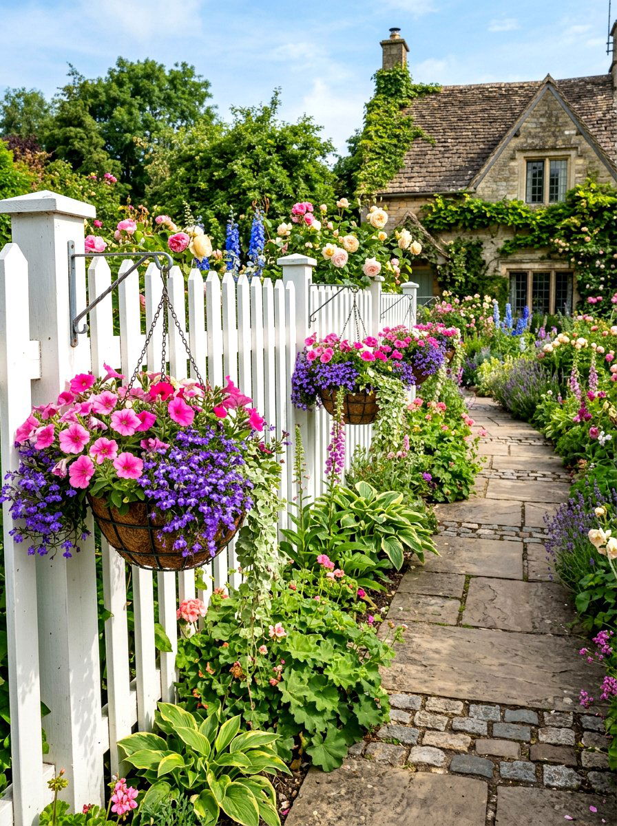 Hanging flower baskets - 25 Spring Cottage Fence Decor Ideas