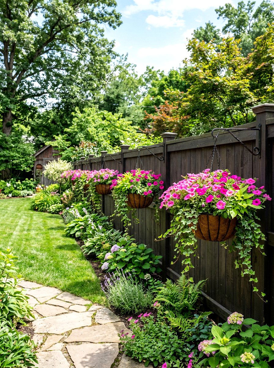 Hanging flower baskets - 25 Spring Fence Line Decor Ideas