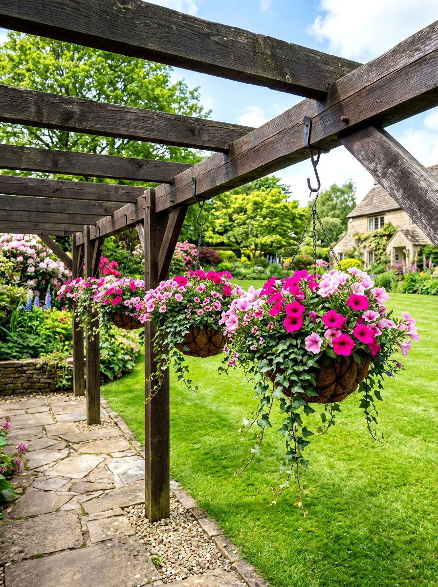 Hanging flower baskets - 25 Spring Pergola Hanging Decor Ideas