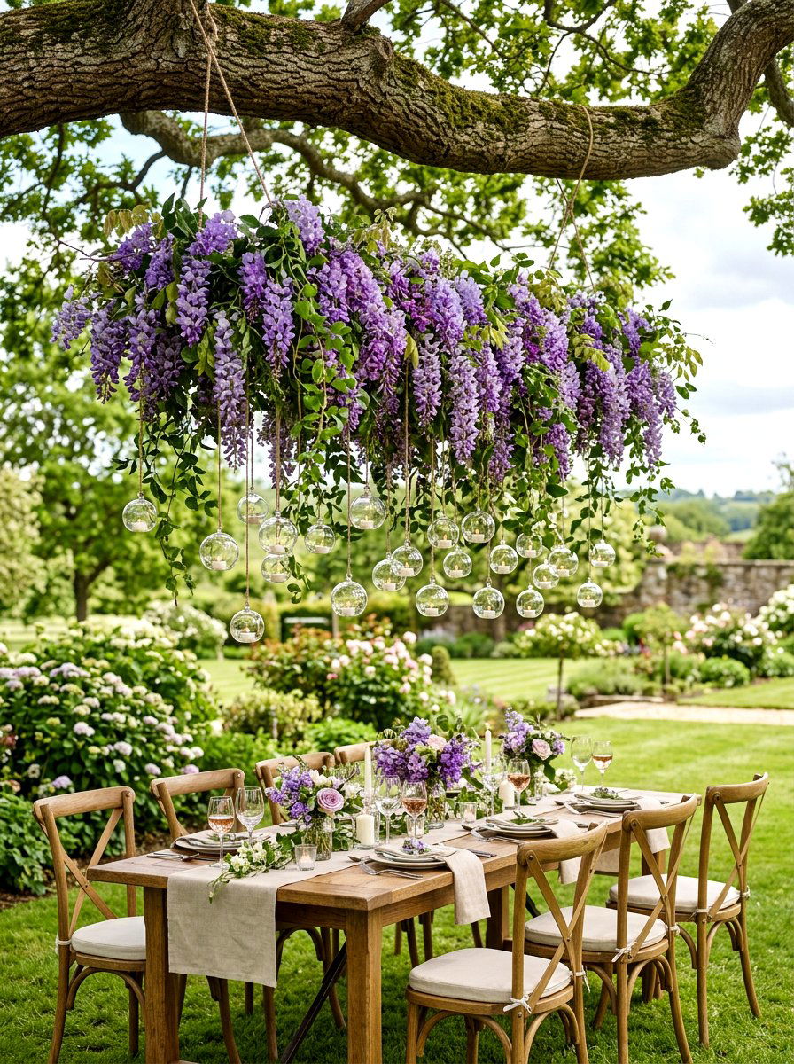 Hanging flower installation - 25 Spring Garden Wedding Ideas