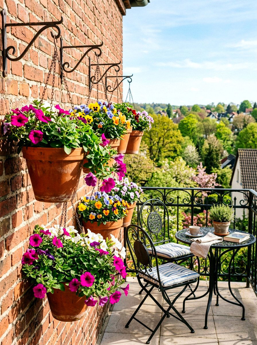 Hanging flower pots - 25 Spring Balcony Wall Decor Ideas
