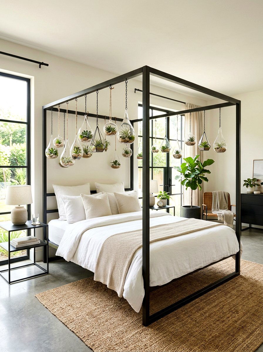 Hanging glass terrarium accents - 25 Spring Four Poster Bed Decor Ideas
