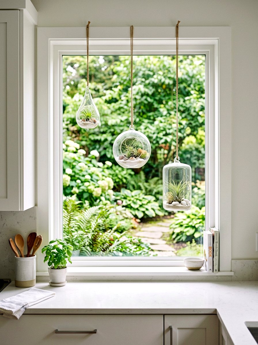 Hanging glass terrariums - 25 Spring Kitchen Window Decor Ideas