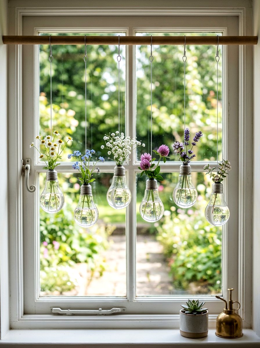 Hanging light bulb flower vase - 25 Spring Recycled Decor Ideas