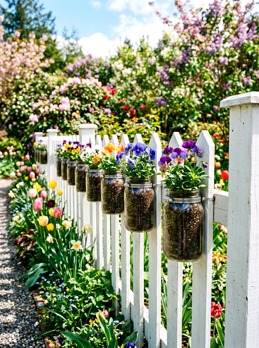 Hanging mason jar planter - 25 Spring Picket Fence Planter Ideas