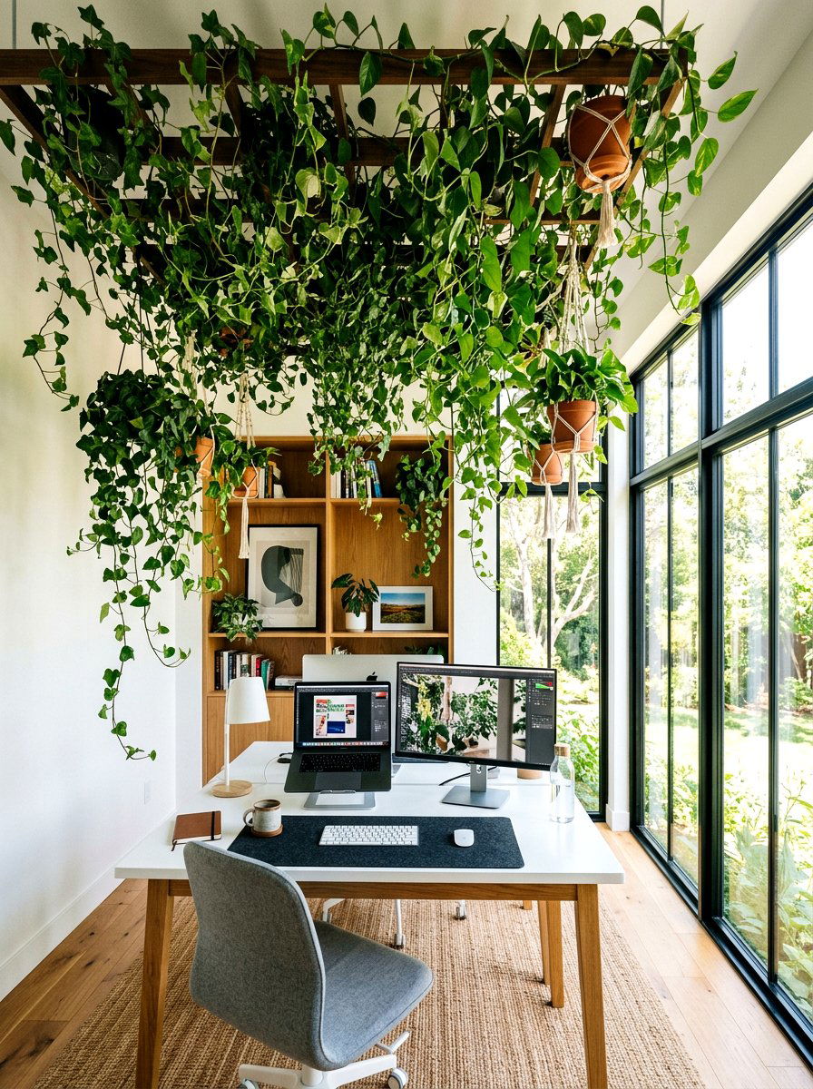 Hanging plant ceiling - 25 Spring Office Decor Ideas