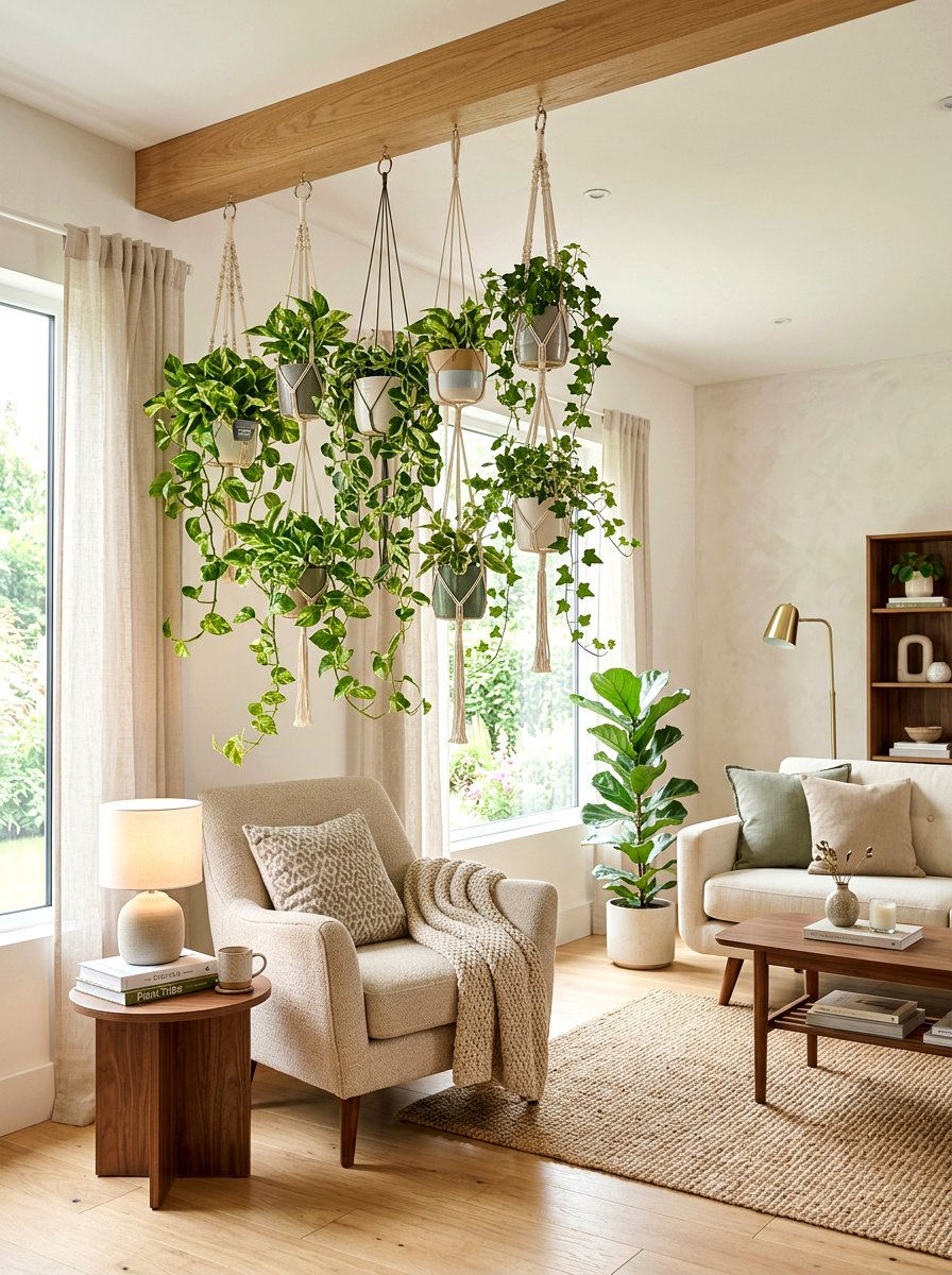 Hanging plant display living room - 25 Spring Botanical Decor Ideas