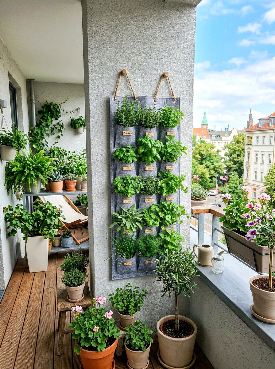 Hanging pocket herb organizer - 25 Spring Balcony Herb Garden Ideas