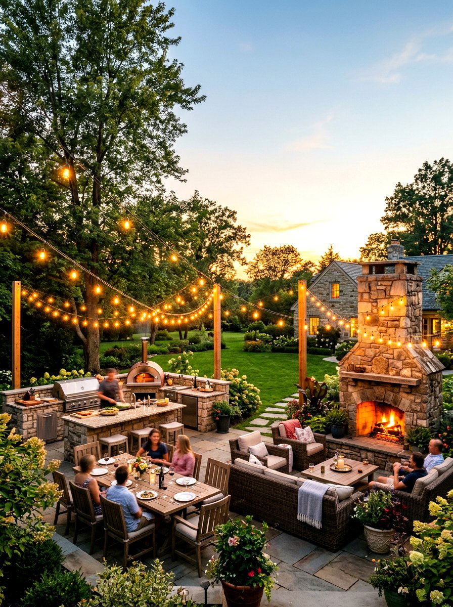 Hanging string lights - 25 Spring Outdoor Kitchen Decor Ideas