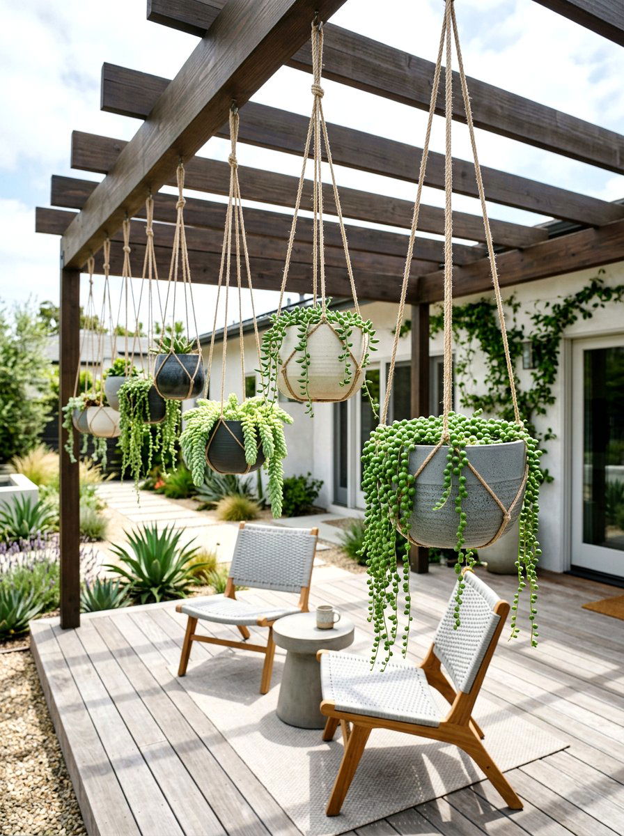Hanging succulent pots - 25 Spring Pergola Hanging Decor Ideas