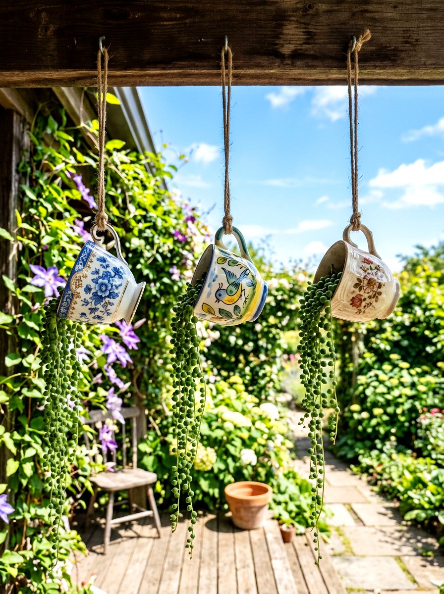 Hanging teacup garden - 25 Spring Teacup Planter Ideas