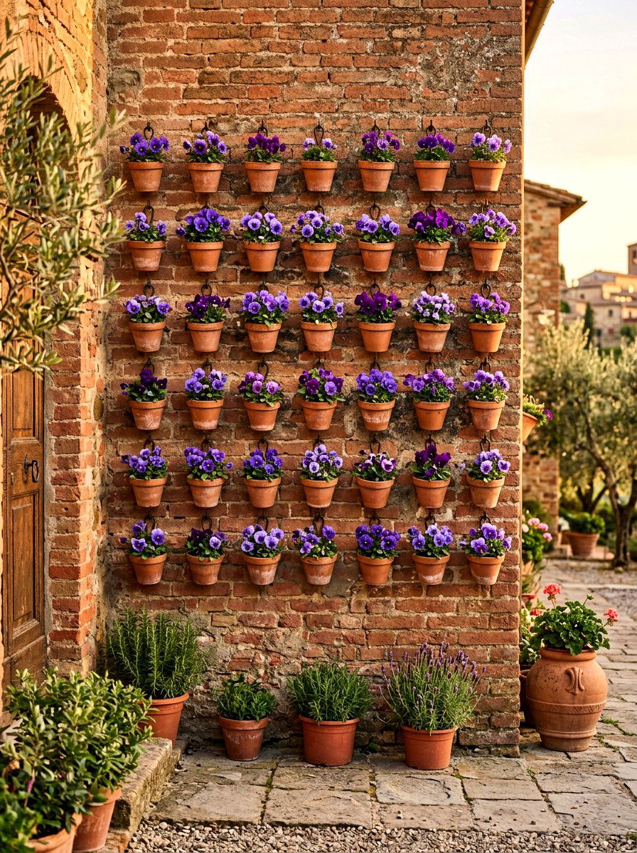 Hanging terra cotta pots - 25 Spring Garden Wall Decor Ideas