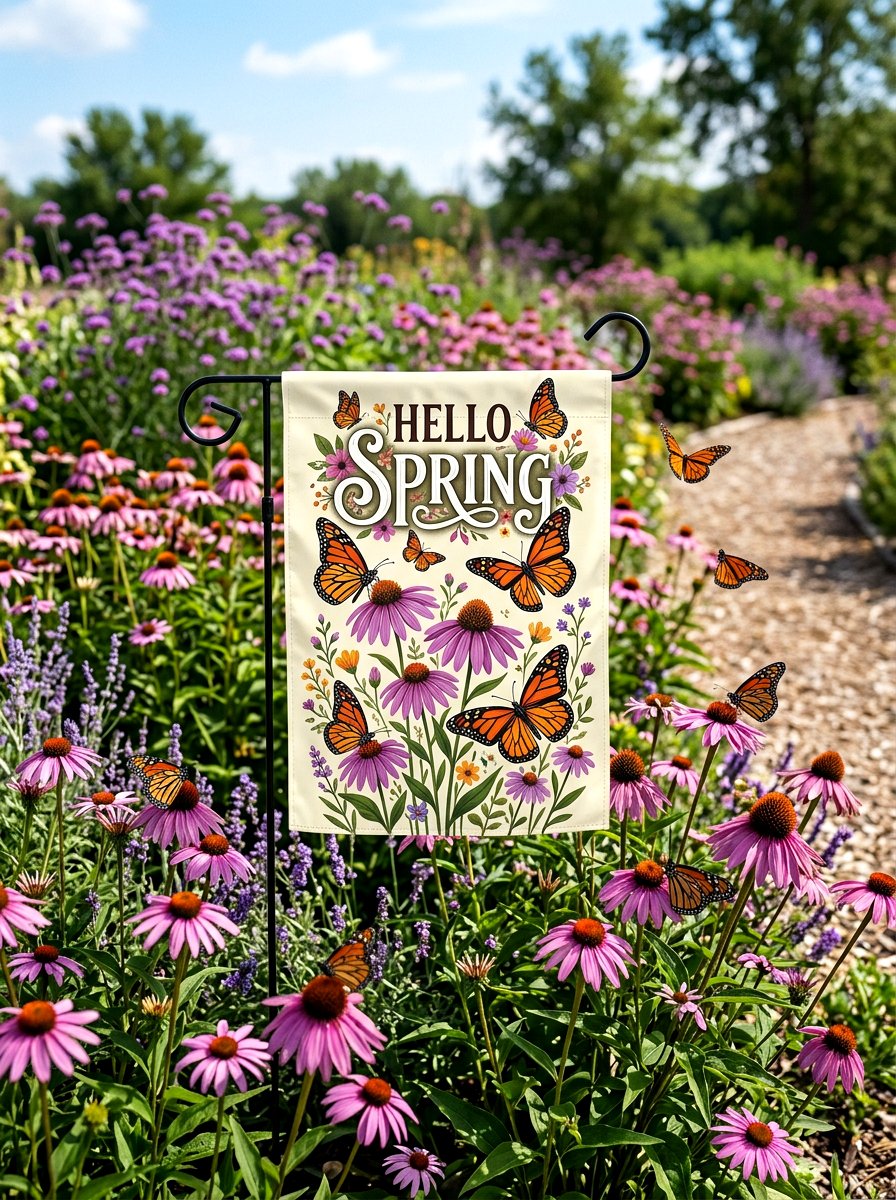 Hello Spring Butterfly Flag - 25 Spring Garden Flag Ideas