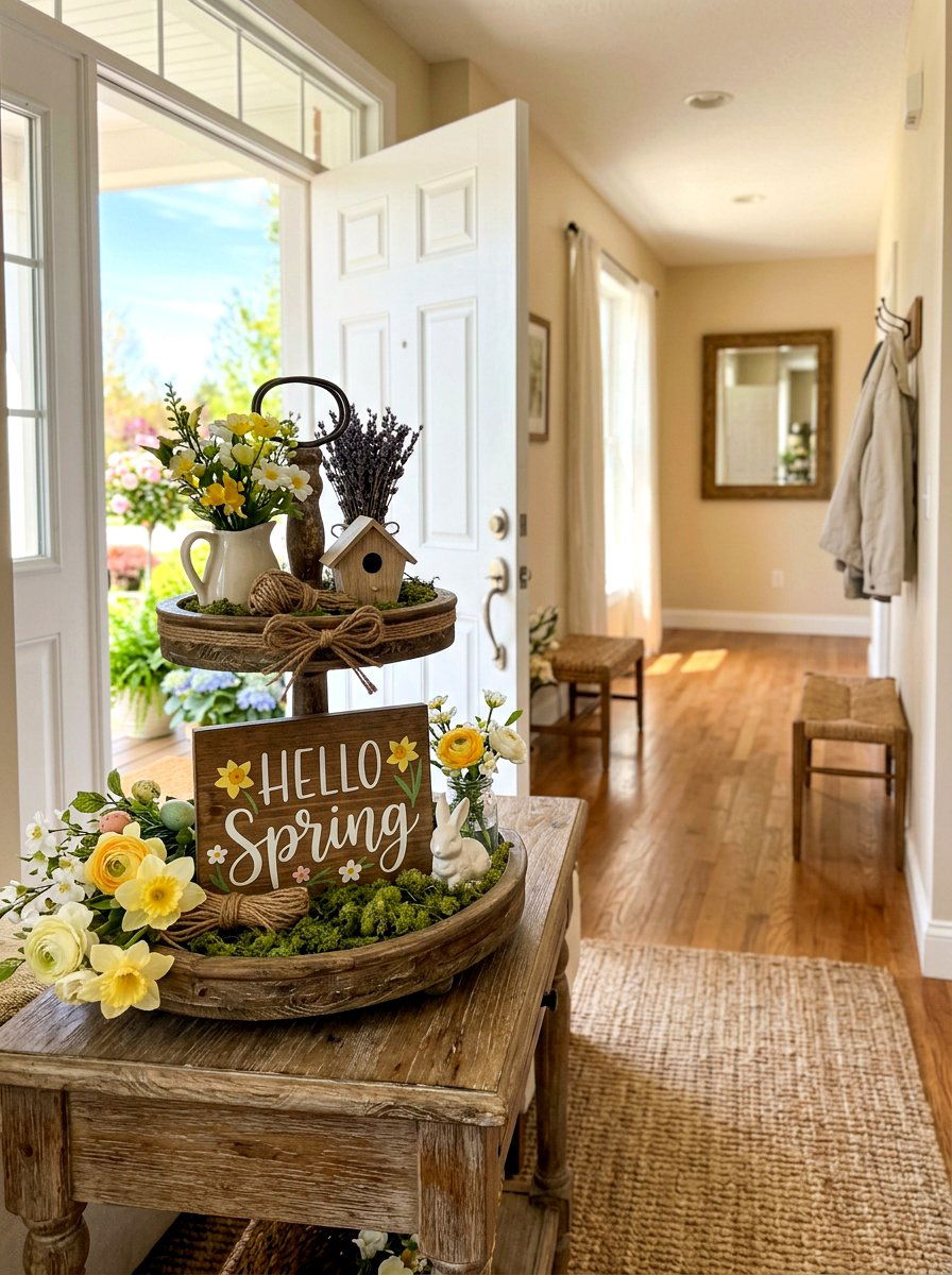 Hello Spring Sign - 25 Spring Tiered Tray Decor Ideas