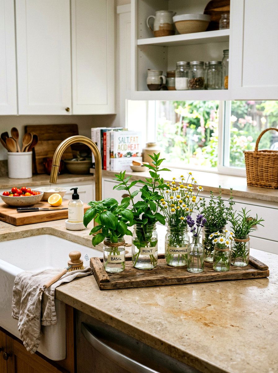 Herb And Flower Kitchen Display - 25 Spring Bud Vase Arrangement Ideas