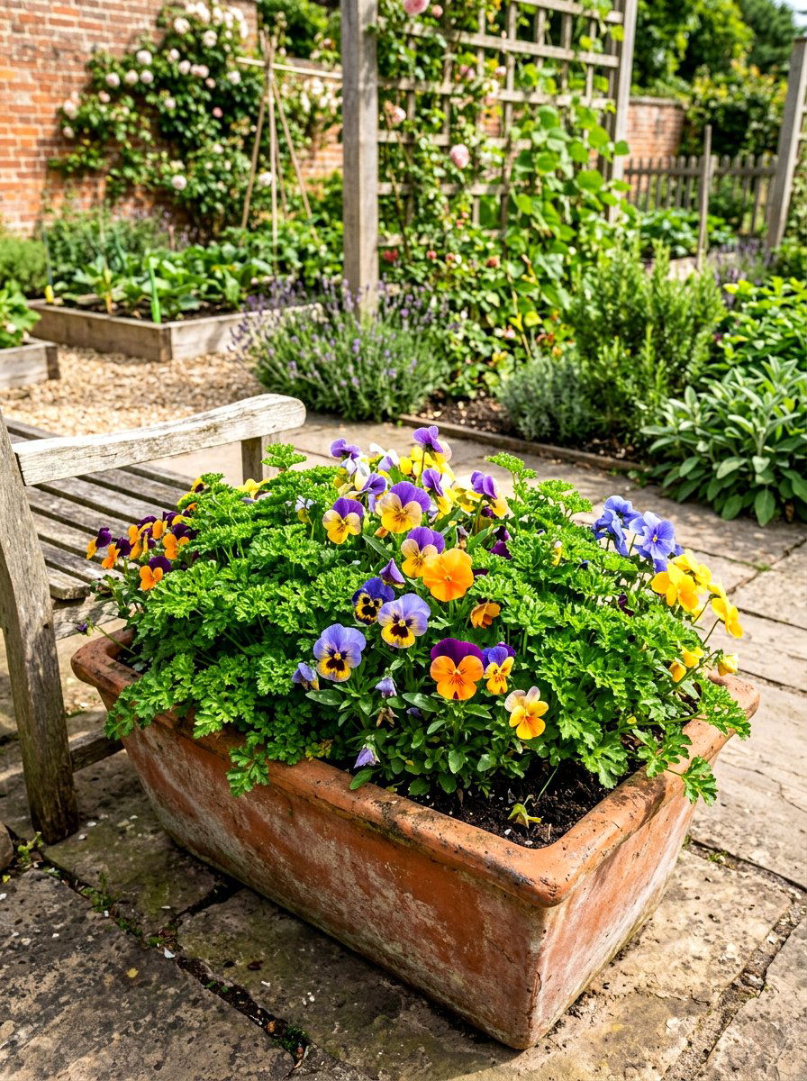 Herb And Pansy Mixed Planter - 25 Spring Pansy Planter Ideas