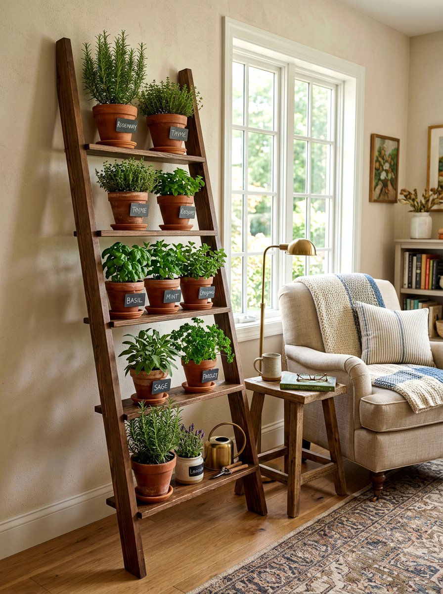 Herb Garden Ladder Shelf - 25 Spring Indoor Herb Display Ideas