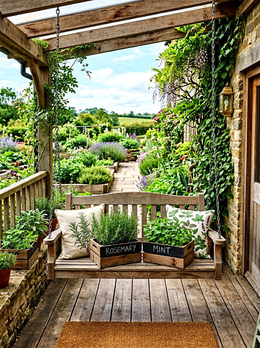 Herb Garden Porch - 25 Spring Porch Swing Decor Ideas