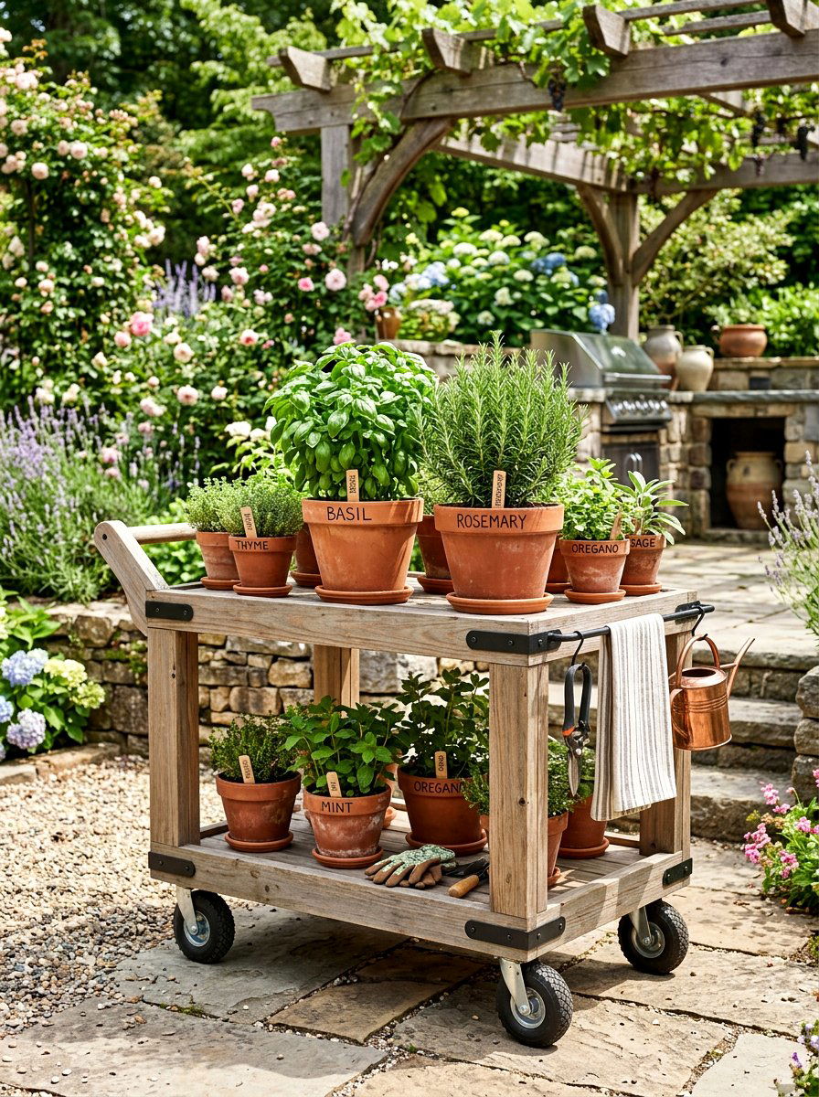 Herb Garden Rolling Cart - 25 Spring Garden Cart Display Ideas